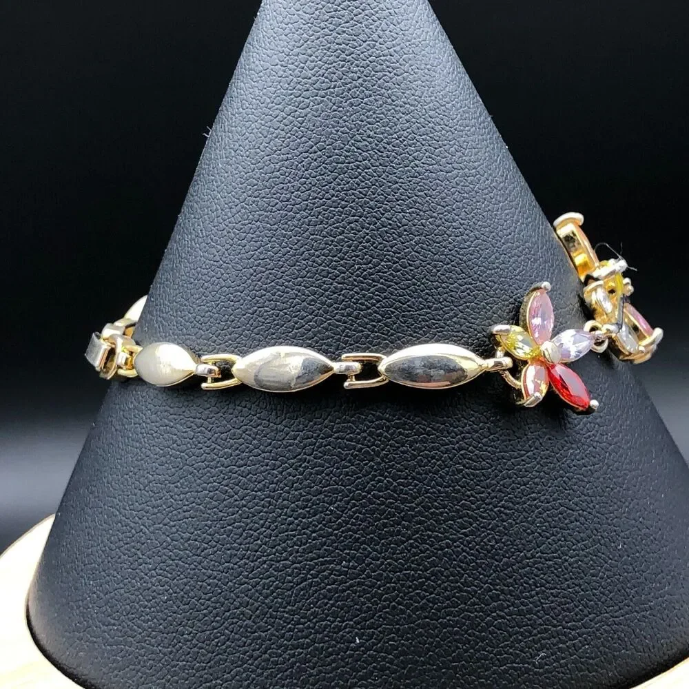 Multi Color Crystal Bracelet 6.5 inch Rhinestone Flower Link Leaf Vine Gold Tone - Picture 2 of 10